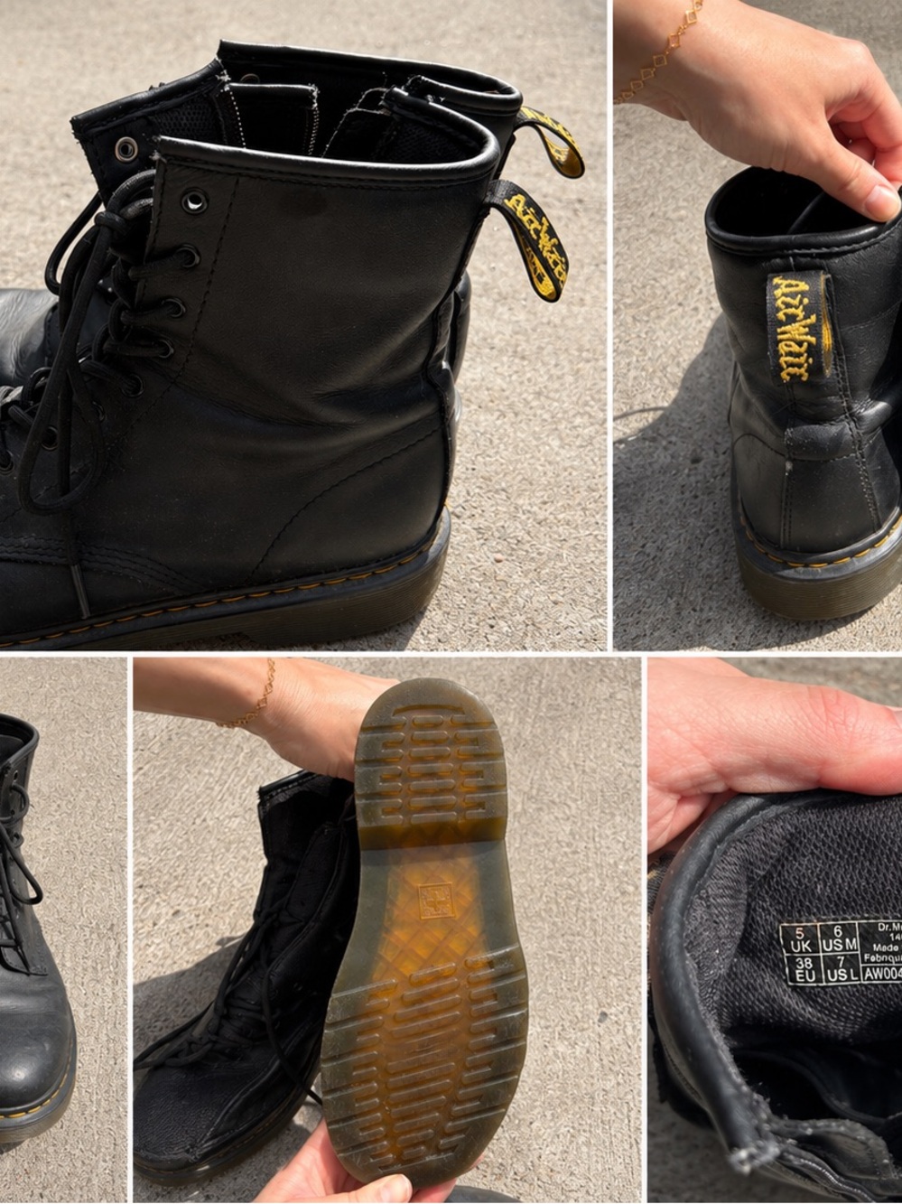 Dr. Martens Black Leather Lace-Up Combat Boots with Yellow Heel Loop